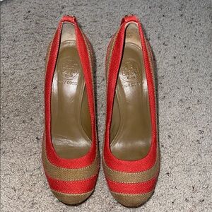 Tory Burch Striped Red and Wooden Heels